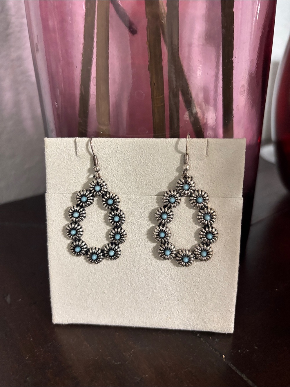 Macy's Silver Floral Teardrop Earrings with Turquoise Centers